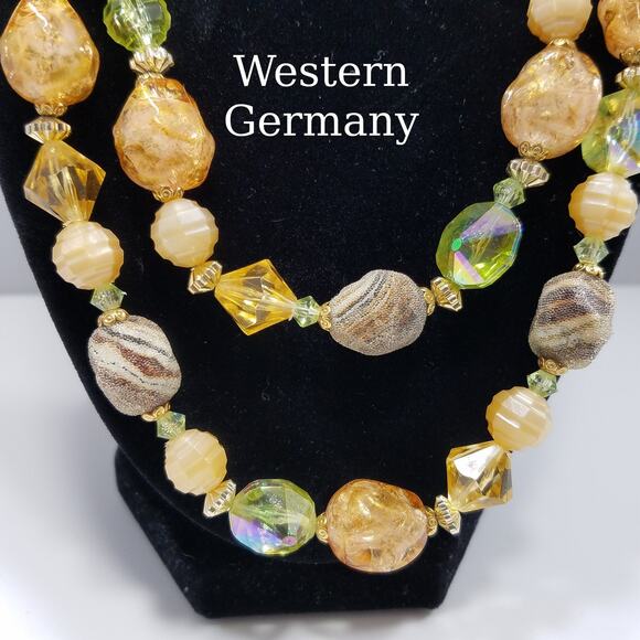 Vintage West Germany Lime & Gold Lucite Art Beads Necklace - Picture 1 of 10